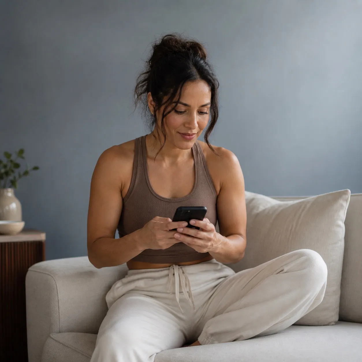 Woman completing an online health visit on her phone